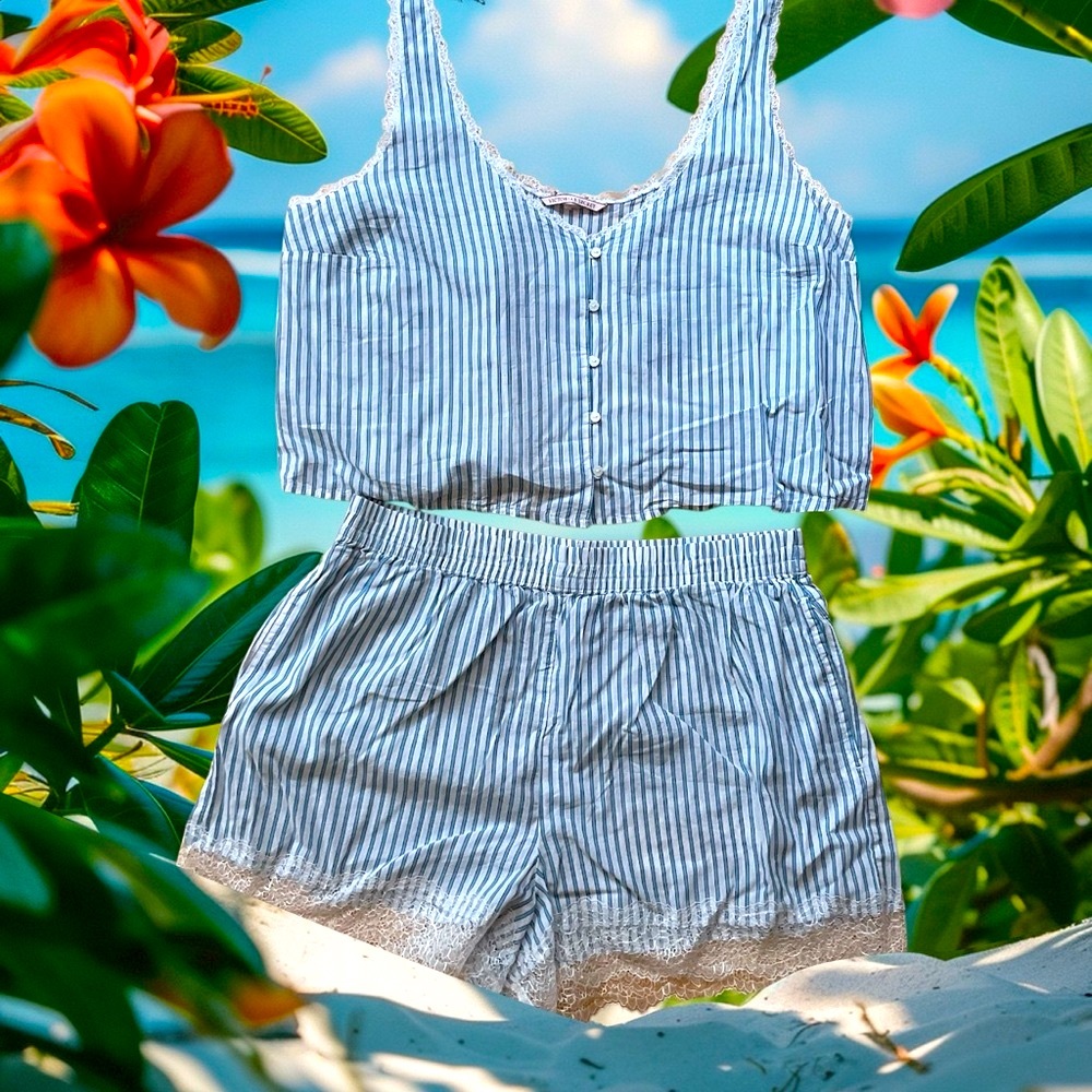 NWOT Victoria's Secret Blue and White Striped Lace Pajama Set
